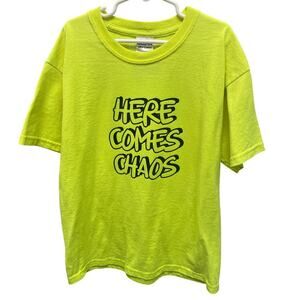 Hand Printed Upcycled Youth Medium Here Comes Chaos Neon Yellow Tee Shirt